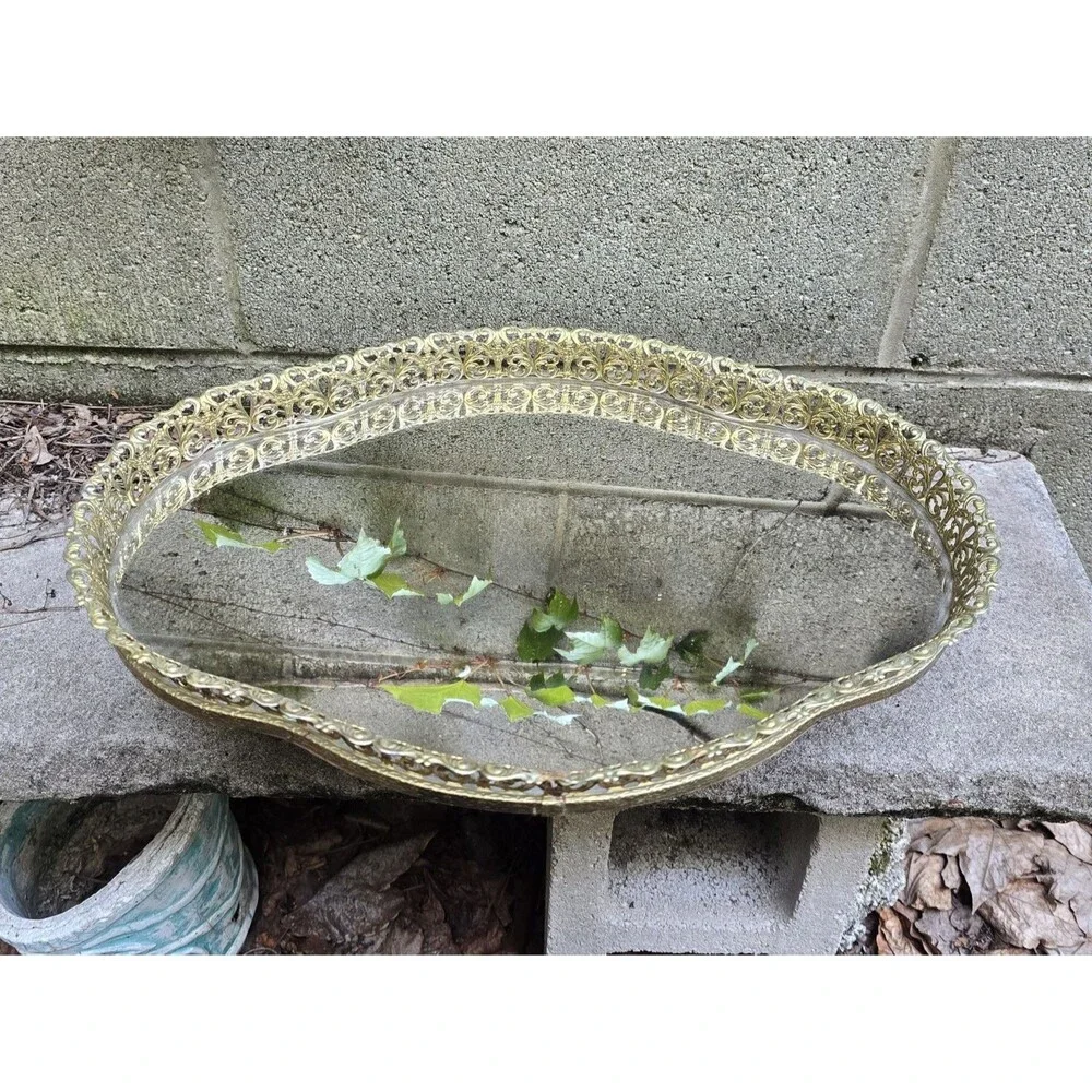 Vintage Mirrored Vanity Dresser Bodouir Tray Gold Filigree Hollywood Regency